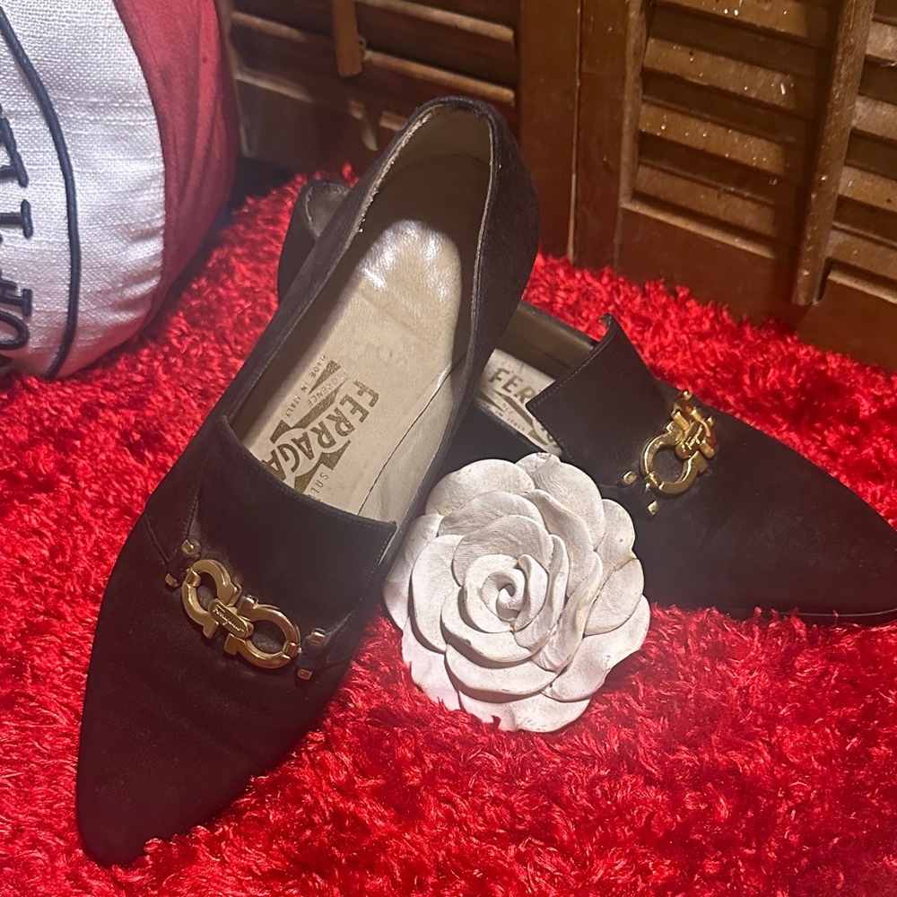 Salvatore Ferragamo Women's Brown Loafers with Gold Accents